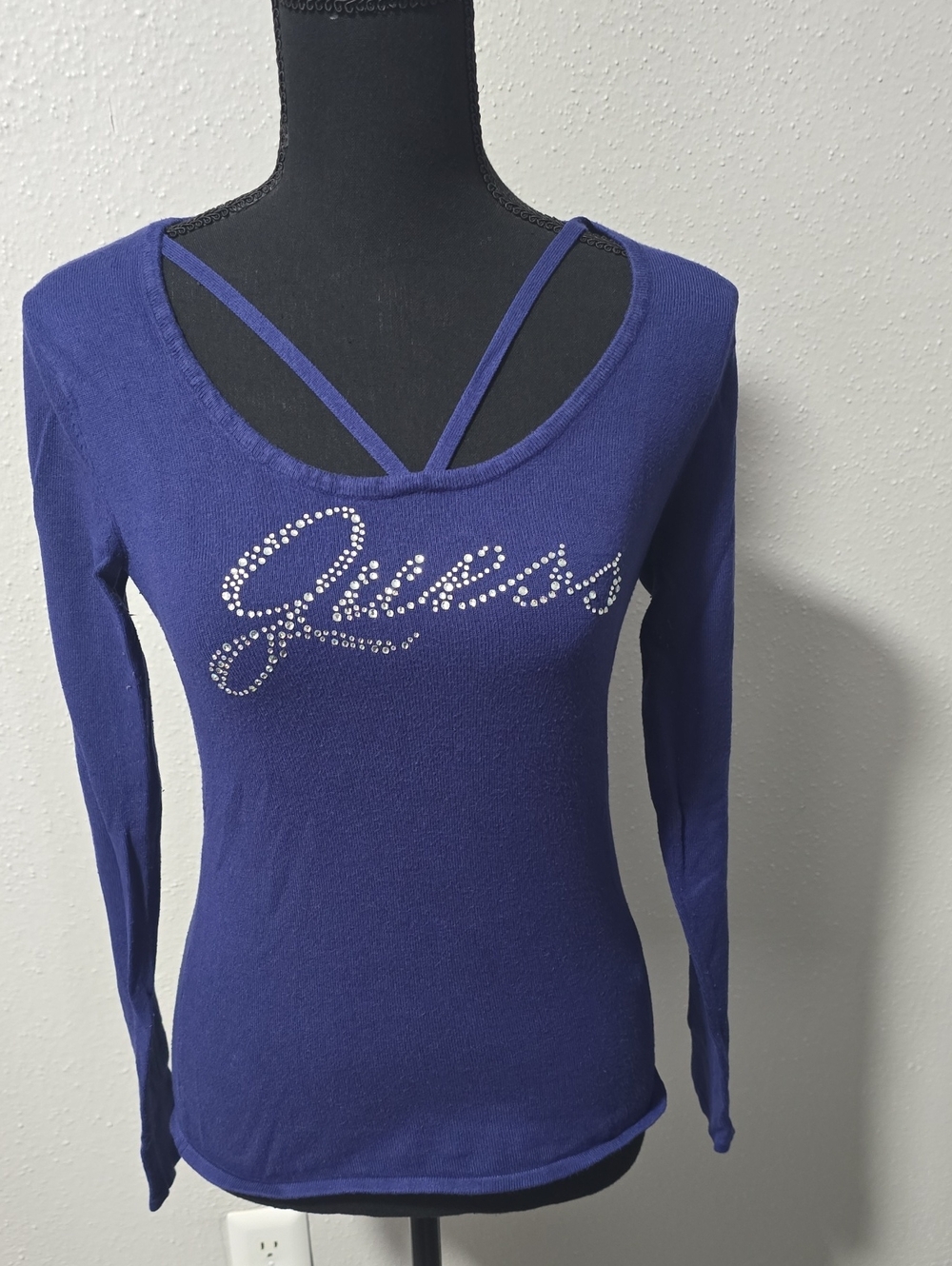 Guess Long-Sleeve Rhinestone Logo Top - Royal Blue